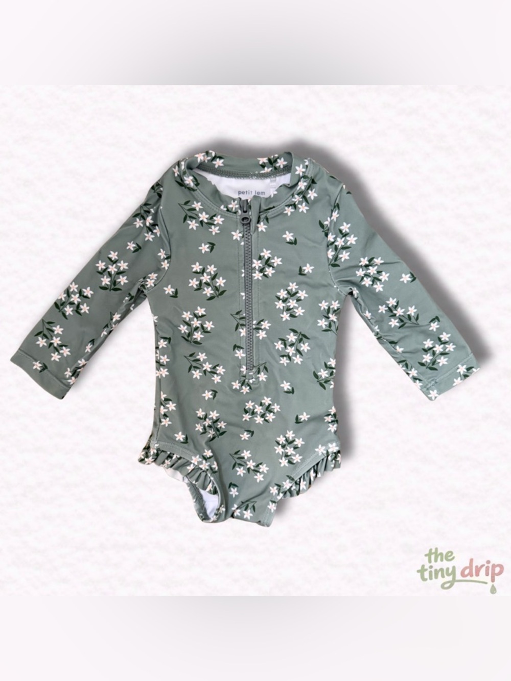 Petit Lem Green Floral Long-Sleeve Baby Swimsuit (Size 0-3m)
